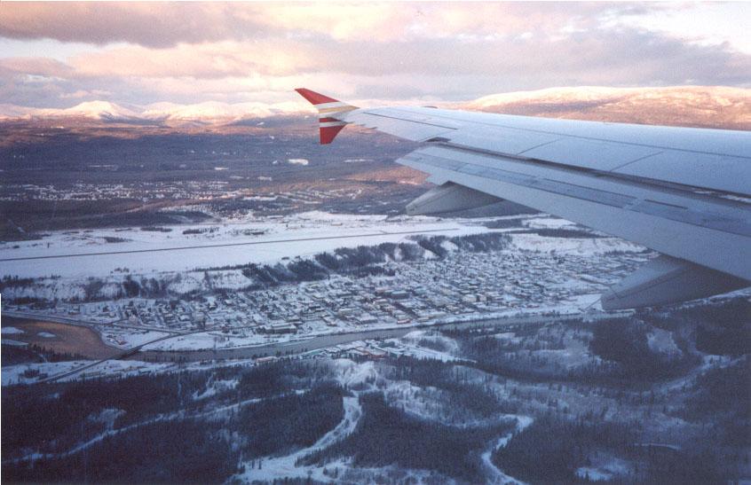 A photo of snow-covered Whitehorse, Yukon on October 21, 2000. Taken from a Canada 3000 jet.