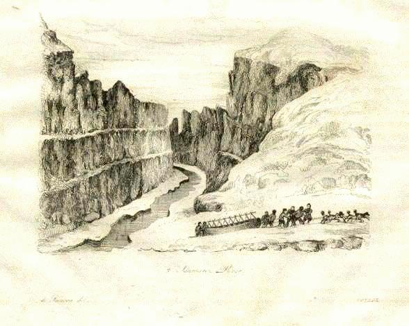 A dog sled in the canyon of the Saumarez River, in the 1830s